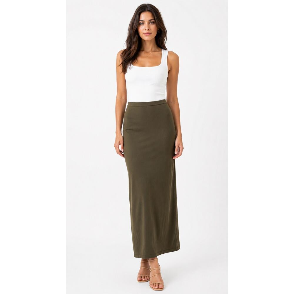 Dissh Olive Green Maxi Skirt Small Elastic Waist Slit Minimalist Designer